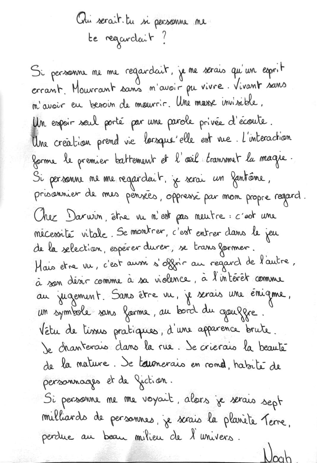 L'Être Seul, lettre manuscrite de Noah Scheidler